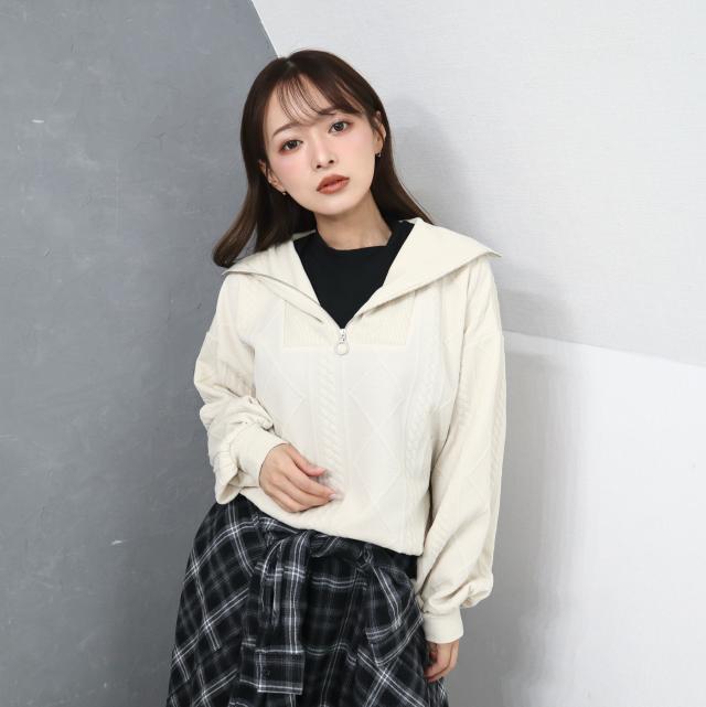 ケーブル柄ふくれジャガードレイヤード風ハーフジップトップス