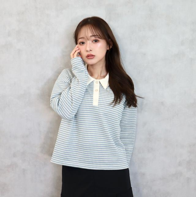 ハニカム柄カットジャガードポロ襟プルオーバー ハニカム柄カットジャガードポロ襟プルオーバー