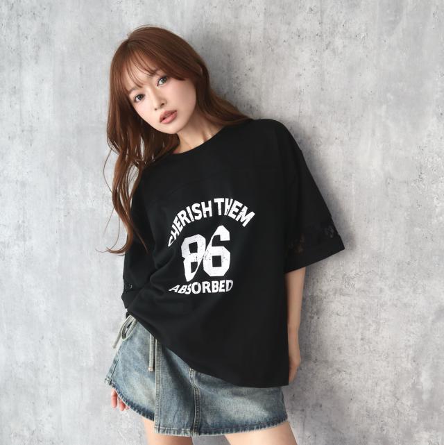 袖レース切替ナンバリングプリントTシャツ