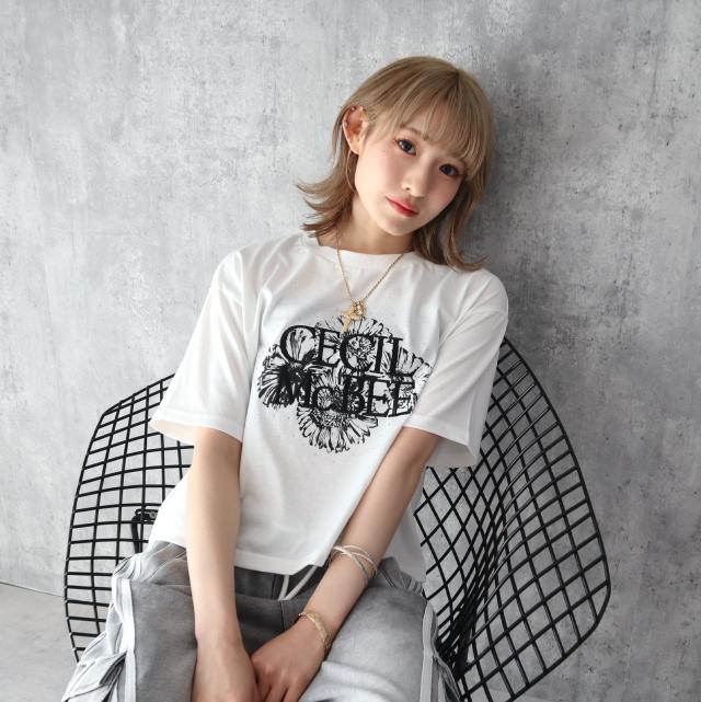 ラインストーン付き刺繍ロゴプリント短丈Tシャツ
