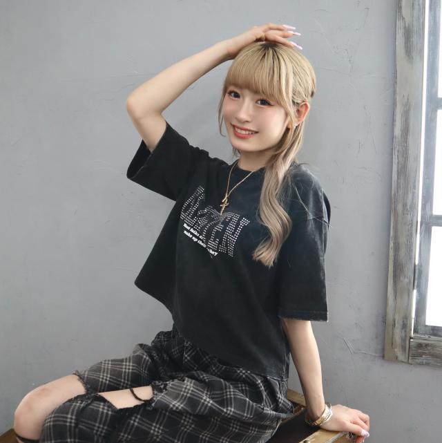 ラインストーン付きプリント短丈Tシャツ