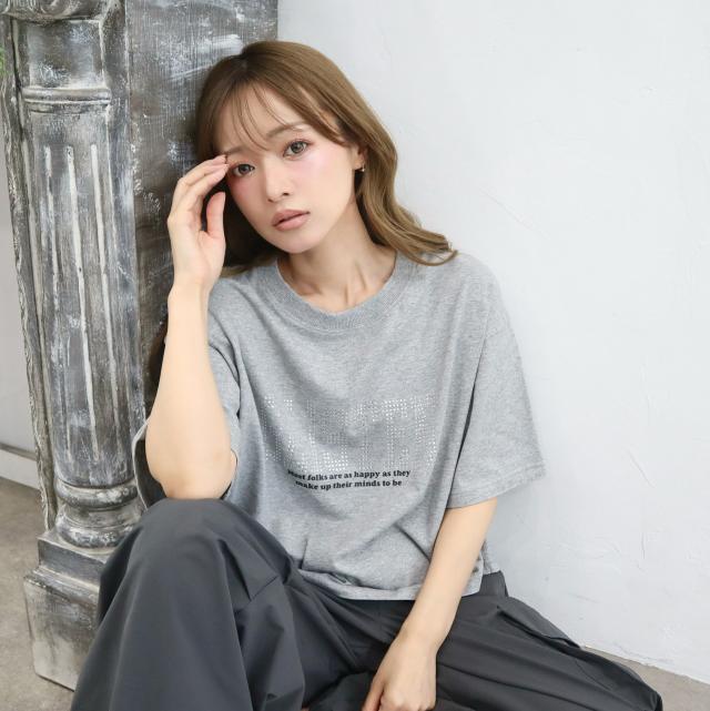 ラインストーン付きプリント短丈Tシャツ ラインストーン付きプリント短丈Tシャツ