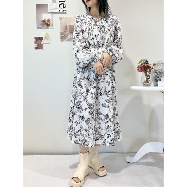 ドロストフラワープリントワンピース