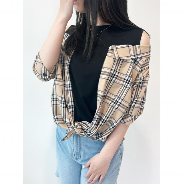 チェックシャツレイヤード風TOPS
