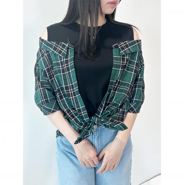チェックシャツレイヤード風TOPS