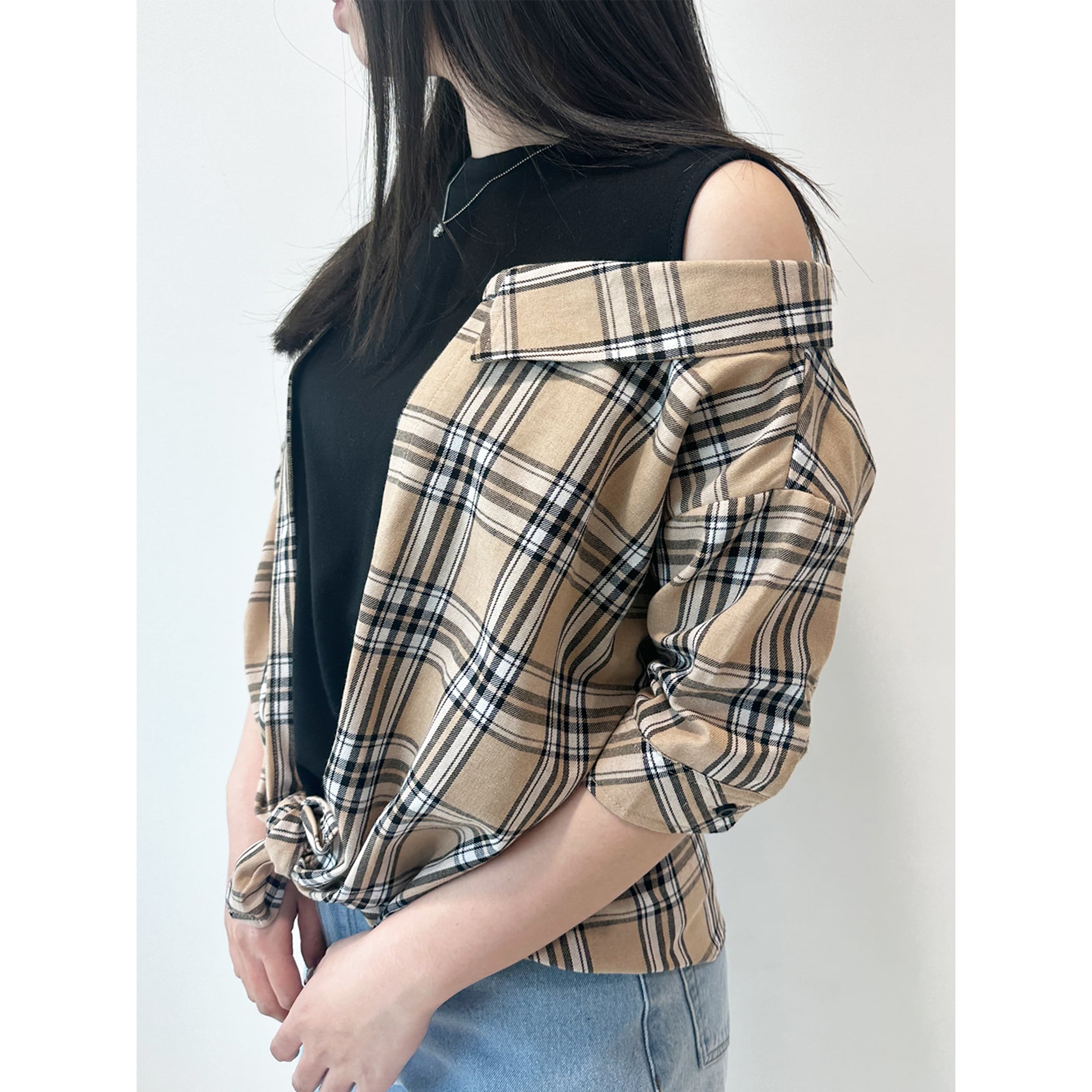 Sefr セファ MARCEL SHIRT コットン長袖チェックシャツ グレー/アイボリー