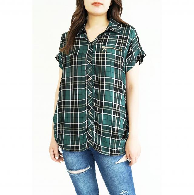 胸ZIPチェック半袖シャツ