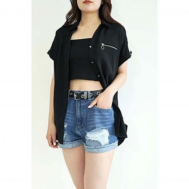 胸ZIP肩レース切替半袖シャツ