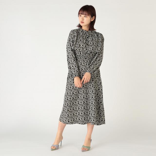 小花柄バンドカラーワンピース