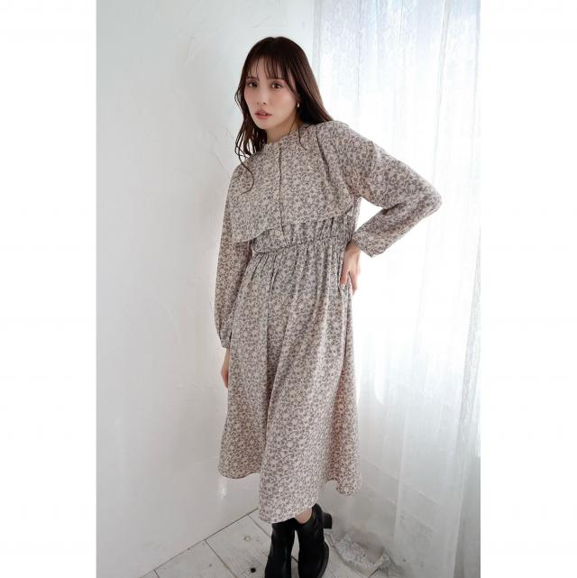 小花柄バンドカラーワンピース