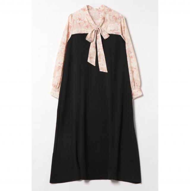 異素材ドッキング花柄ボウタイワンピース