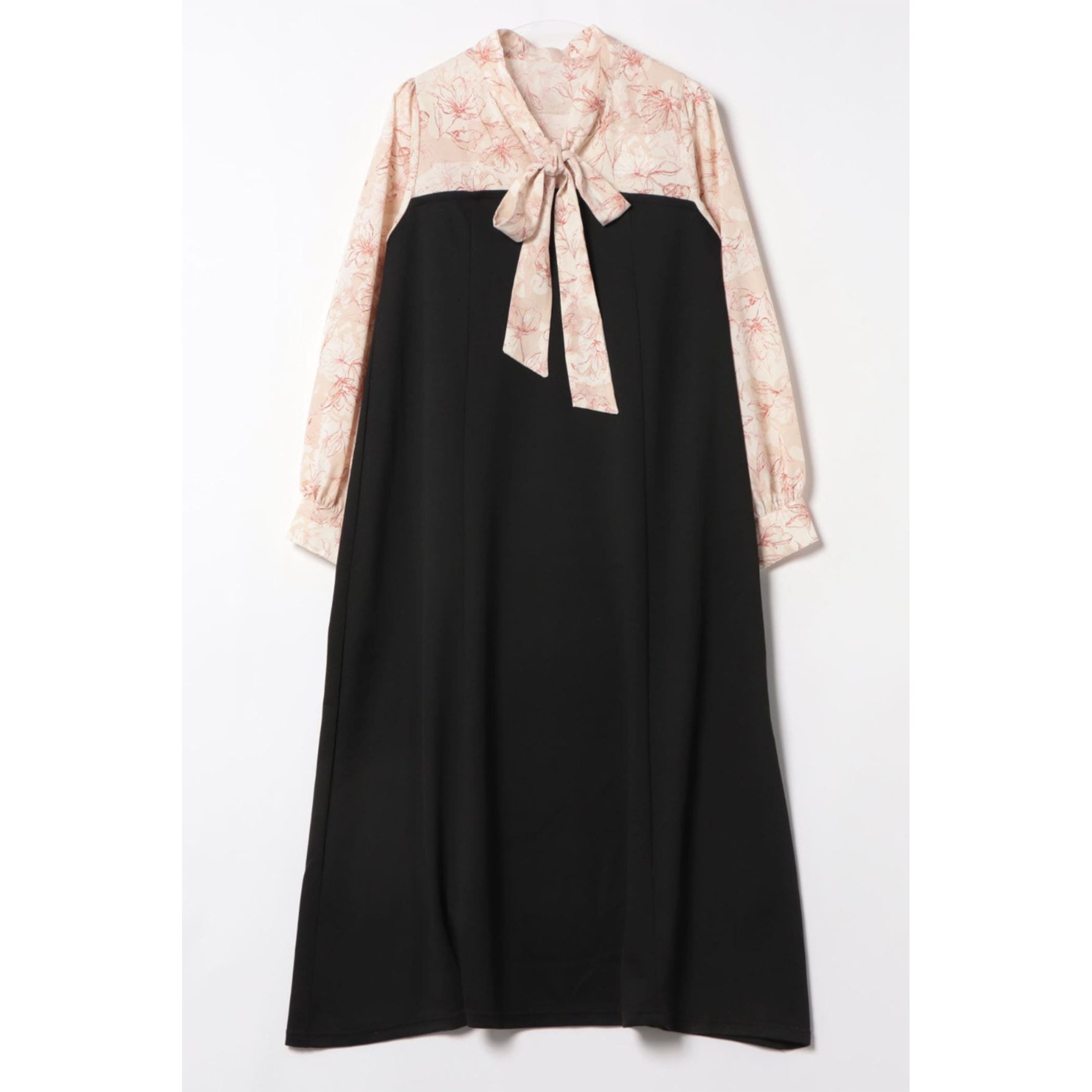 異素材ドッキング花柄ボウタイワンピース