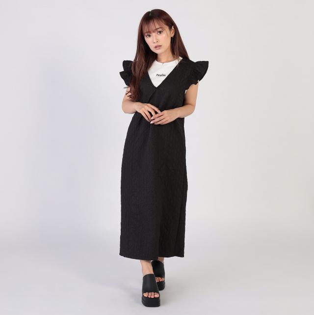 花柄エンボス　肩フリルジャンスカ