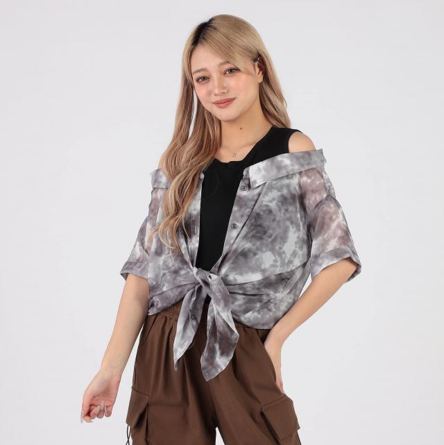 肩開きレイヤード風シフォンブラウス