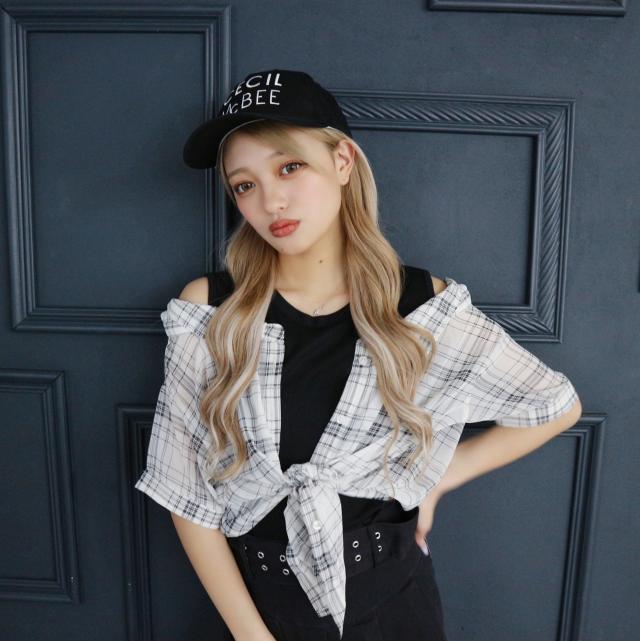 肩開きレイヤード風シフォンブラウス