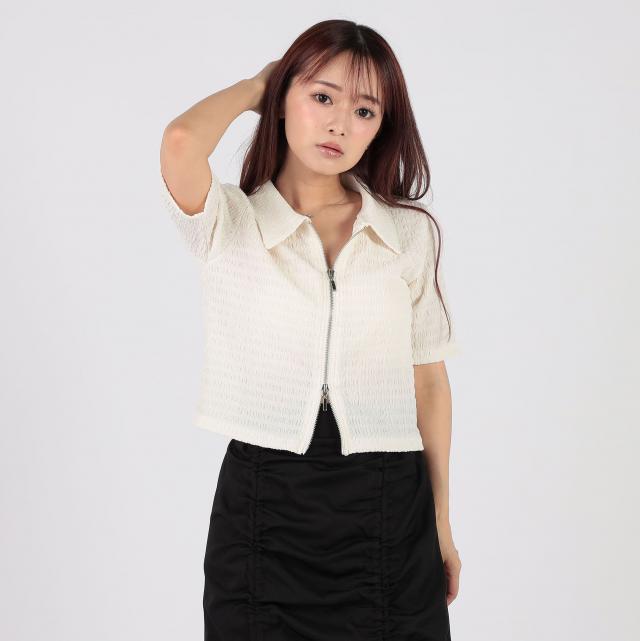 シャーリング風ジャガード　ダブルジップトップス