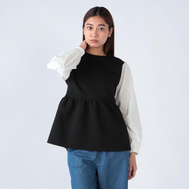 ふくれジャガード異素材切替ペプラムプルオーバー