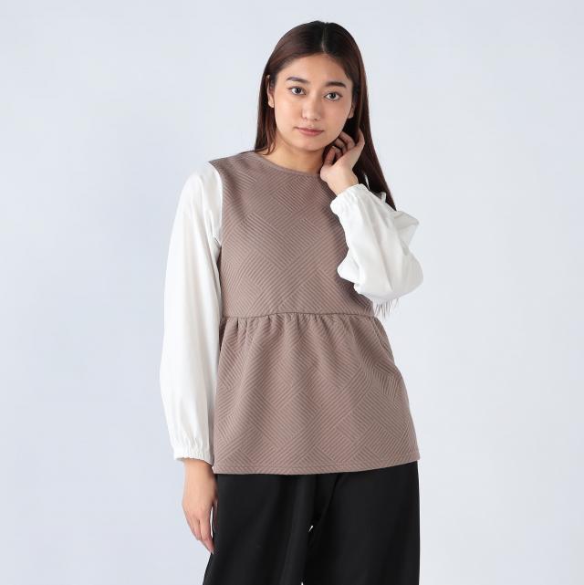 ふくれジャガード異素材切替ペプラムプルオーバー