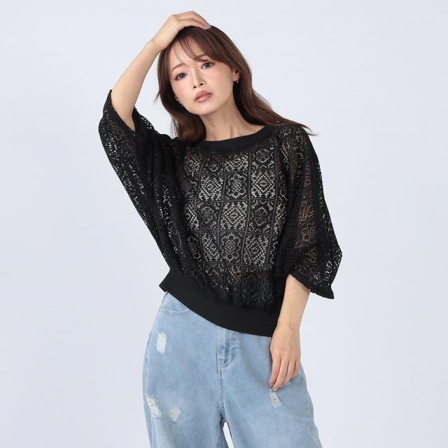 パネルレースドルマンスリーブトップス