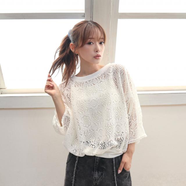 パネルレースドルマンスリーブトップス