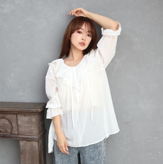 ラッフルカラーキャンディースリーブブラウス