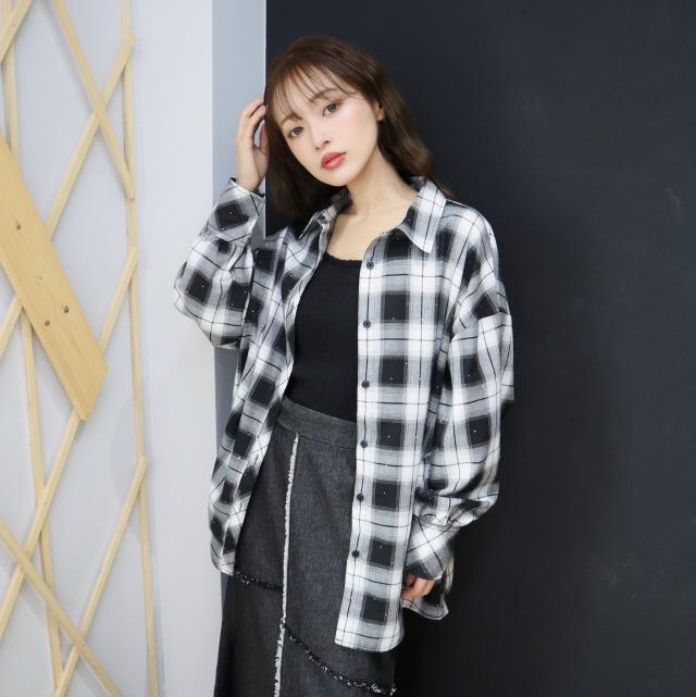 ラインストーン付きエコチェックシャツ