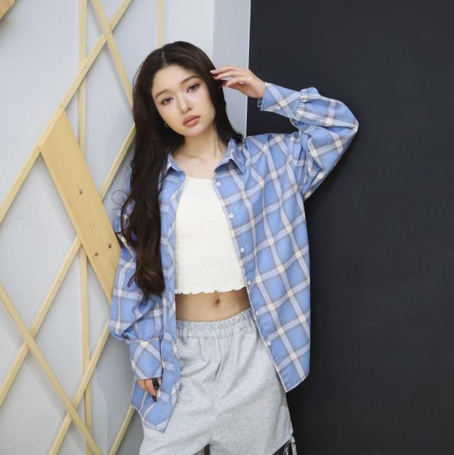 ラインストーン付きエコチェックシャツ