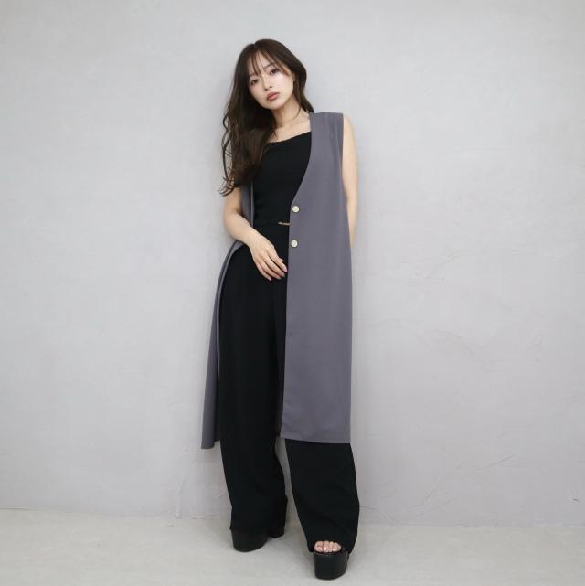 カットジョーゼットノーカラーロングジレ