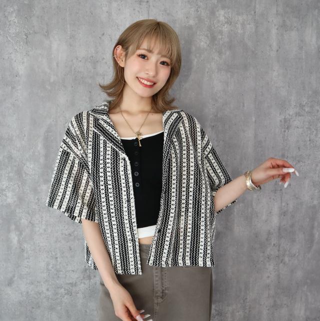 透かし編み風ゆるシルエット５分袖ジャケット