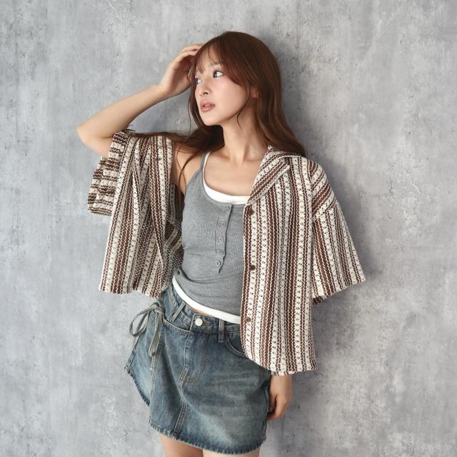 透かし編み風ゆるシルエット５分袖ジャケット