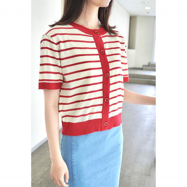 ボーダー配色2WAY半袖ニットカーディガン