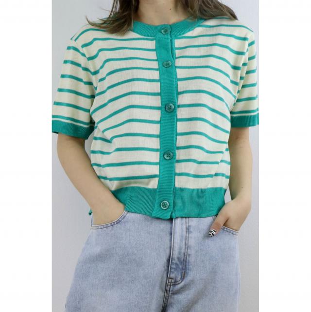 ボーダー配色2WAY半袖ニットカーディガン