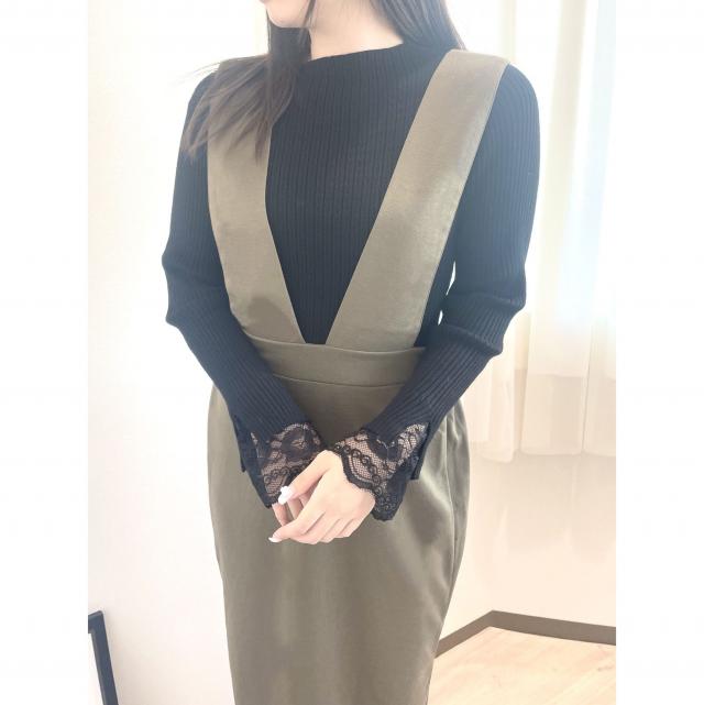 チェーン柄ワイドリブ袖レースプルオーバー