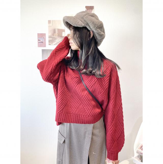 柄編みタートルネックショート丈ボリューム袖ニット