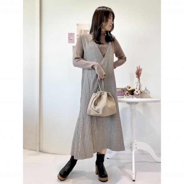 ガンクラブチェック両Vネックマーメイドワンピース