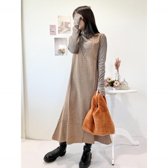 ガンクラブチェック両Vネックマーメイドワンピース