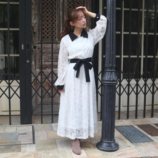 レース配色クレリックワンピース