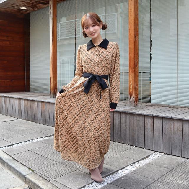 バイアスチェッククレリックワンピース