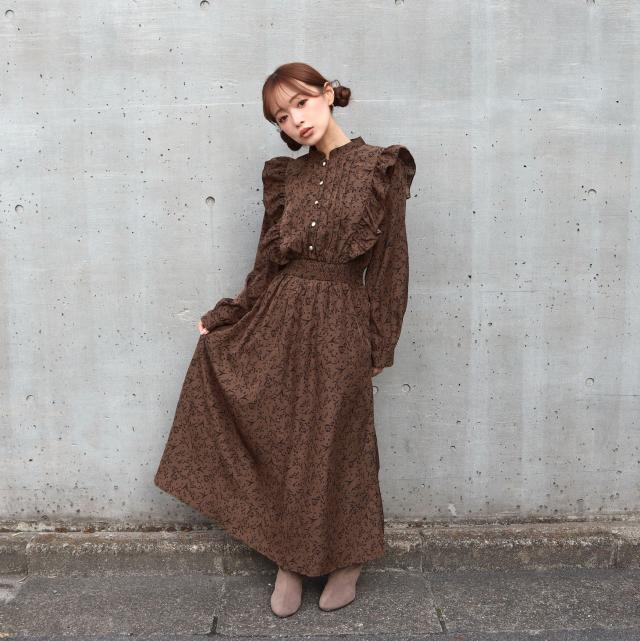 花柄ピンタックフリルワンピース