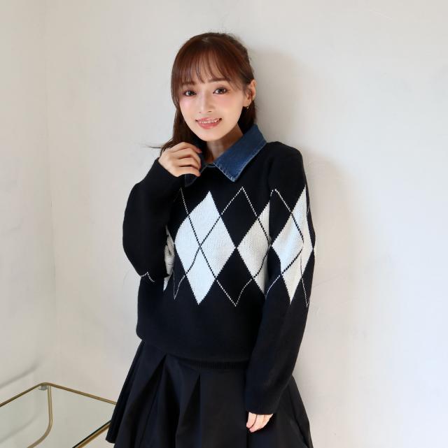 デニム取り外し襟付きアーガイルニット