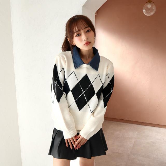 デニム取り外し襟付きアーガイルニット