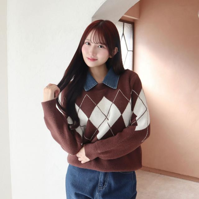 デニム取り外し襟付きアーガイルニット デニム取り外し襟付きアーガイルニット