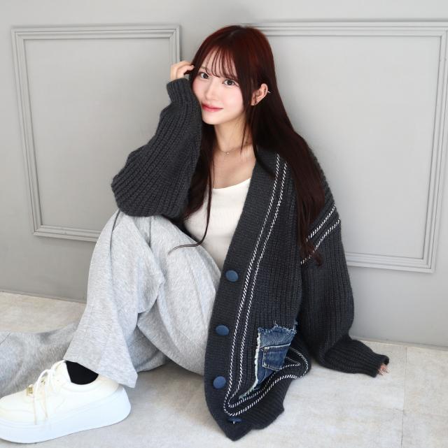 デニムポケットライン入りリブニットBIGカーディガン