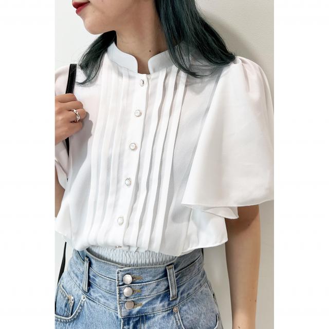 ジョーゼットフレア袖ピンタックブラウス