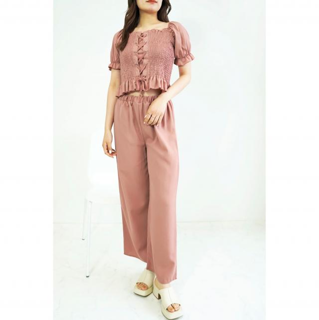 シャーリングレースアップブラウスｘパンツSET UP
