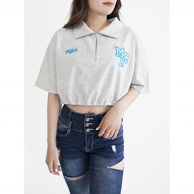 ハーフZIPドローコード付きクロップドTシャツ