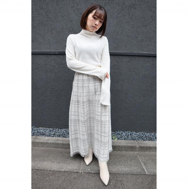 チェック裾フリンジニットスカート