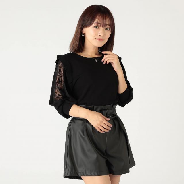 麻タッチレーヨン　肩フリル袖レースプルオーバー