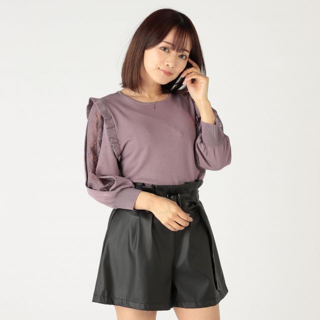 麻タッチレーヨン　肩フリル袖レースプルオーバー