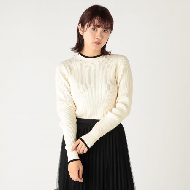 パール付き配色ボトルネックプルオーバー